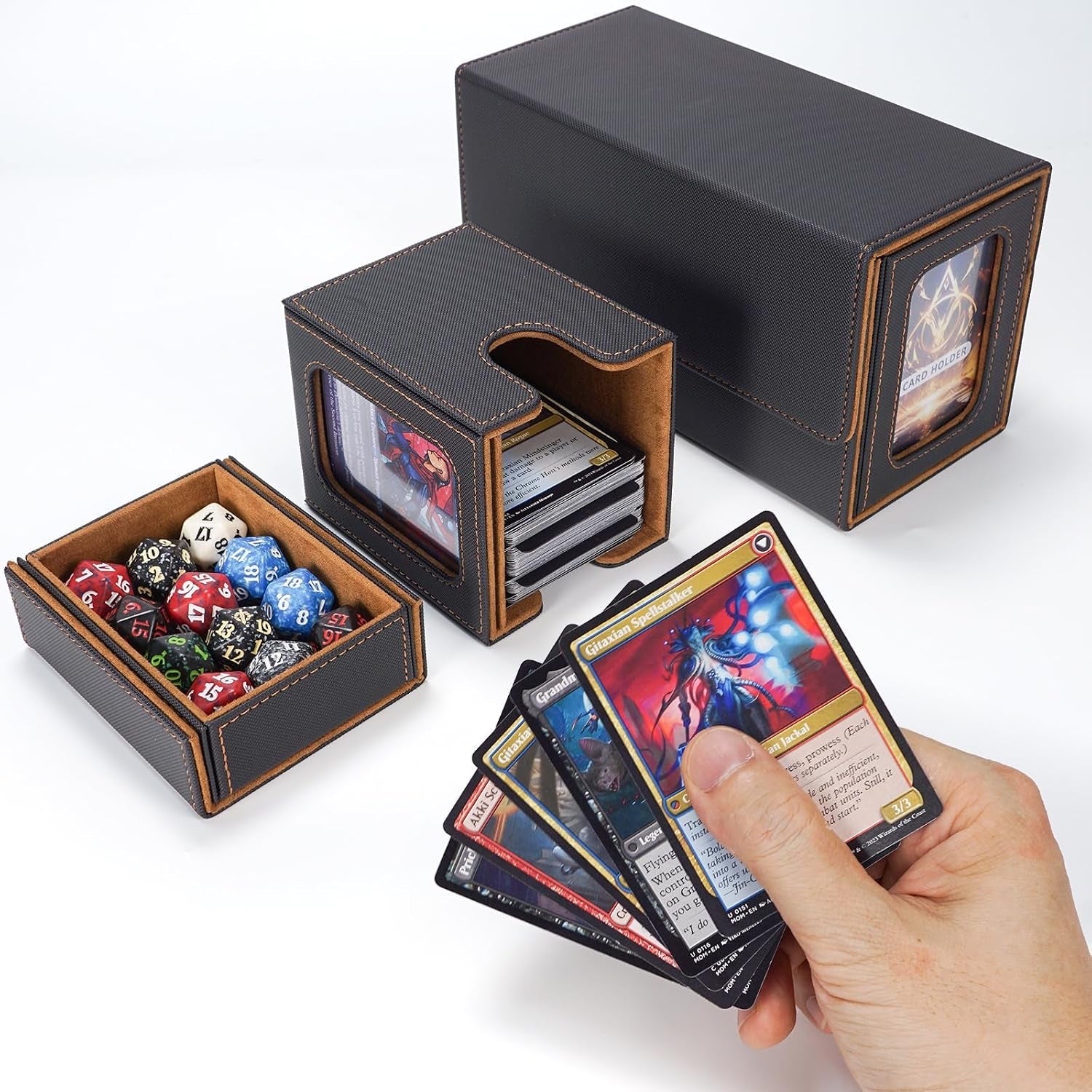 MTG Commander Deck Box 200 Double Sleeved Cards Storage, 3-In-1 Magnetic Card Case Organizer for Magic: the Gathering TCG CCG, 4 Dividers & 2 Toploaders (Black/Gold)