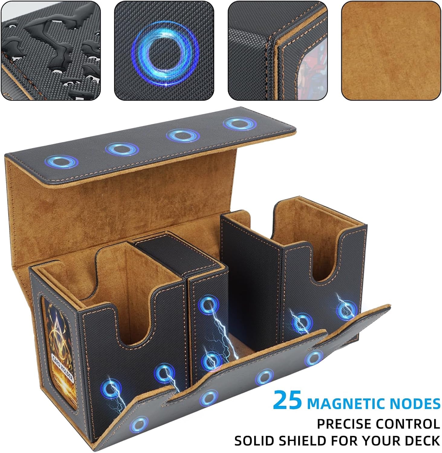 MTG Commander Deck Box 200 Double Sleeved Cards Storage, 3-In-1 Magnetic Card Case Organizer for Magic: the Gathering TCG CCG, 4 Dividers & 2 Toploaders (Black/Gold)
