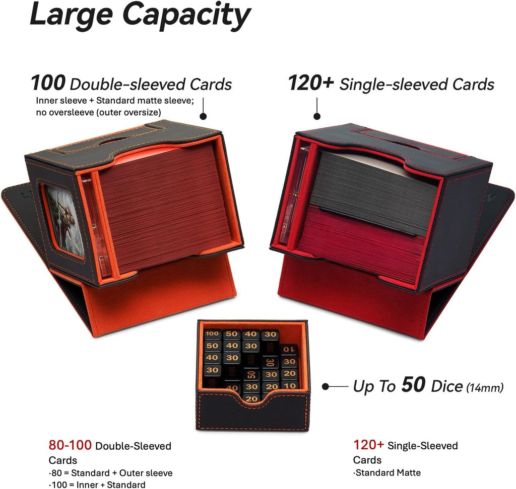 Card Deck Box for MTG Commander - Patented Design, Commander Display, Fits 100 Double-Sleeved Cards, 35Pt Card Brick & Dice Tray - Black/Purple