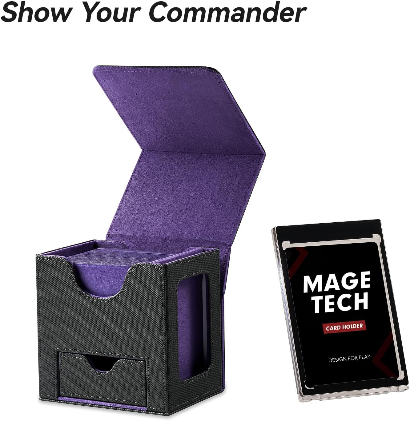 Card Deck Box for MTG Commander - Patented Design, Commander Display, Fits 100 Double-Sleeved Cards, 35Pt Card Brick & Dice Tray - Black/Purple