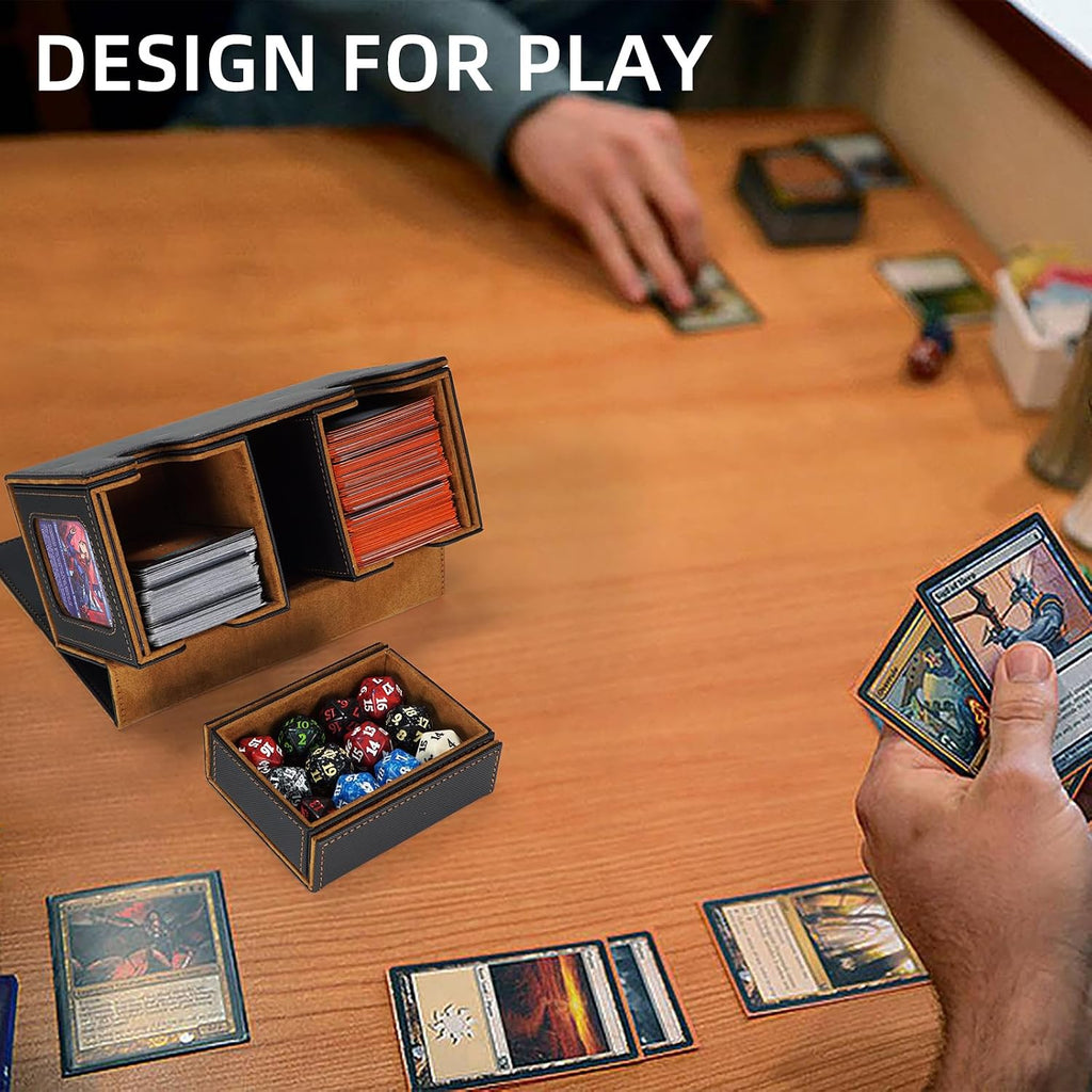 MTG Commander Deck Box 200 Double Sleeved Cards Storage, 3-In-1 Magnetic Card Case Organizer for Magic: the Gathering TCG CCG, 4 Dividers & 2 Toploaders (Black/Gold)