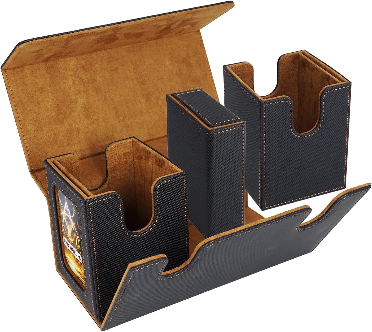 MTG Commander Deck Box 200 Double Sleeved Cards Storage, 3-In-1 Magnetic Card Case Organizer for Magic: the Gathering TCG CCG, 4 Dividers & 2 Toploaders (Black/Gold)