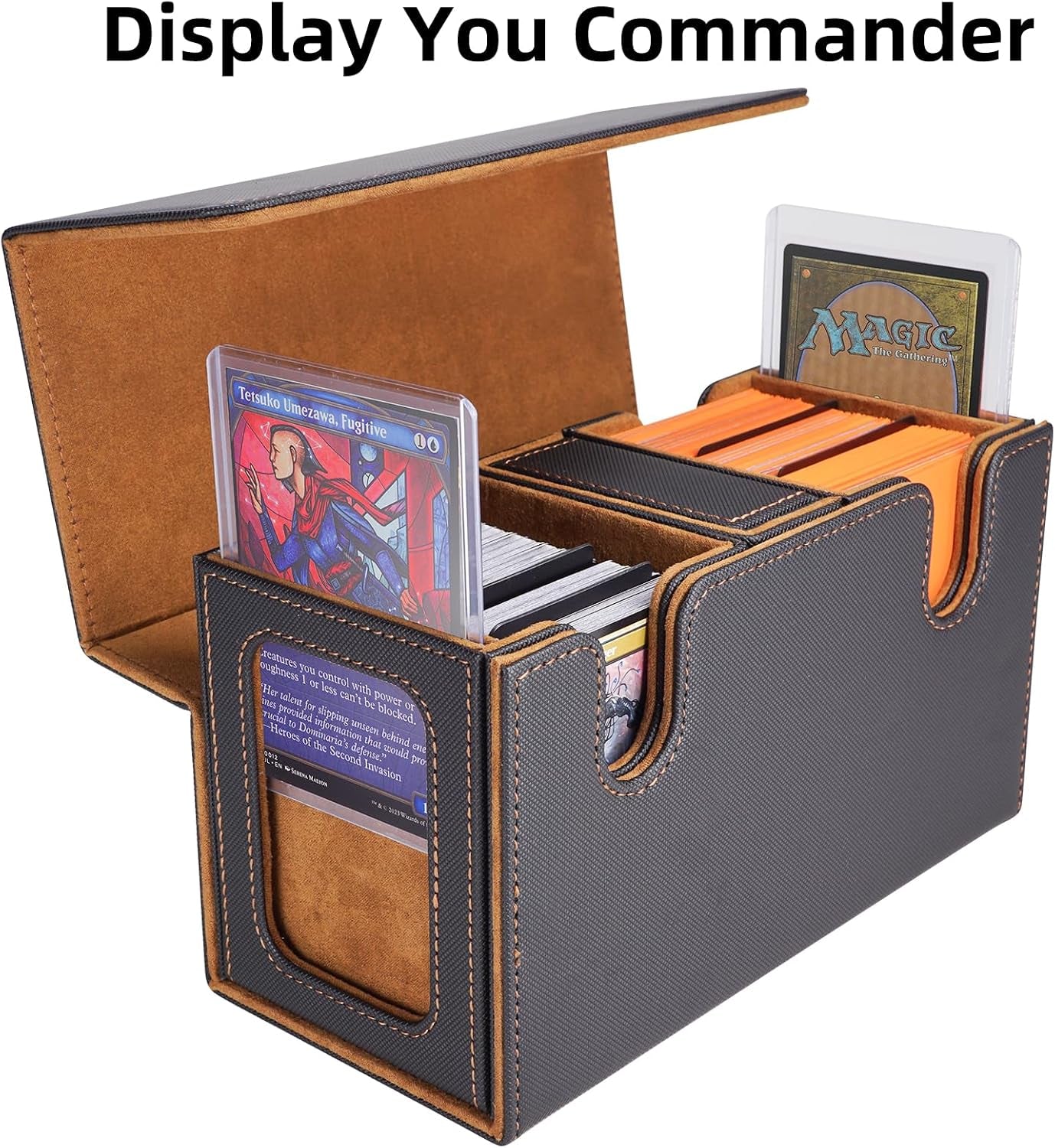 MTG Commander Deck Box 200 Double Sleeved Cards Storage, 3-In-1 Magnetic Card Case Organizer for Magic: the Gathering TCG CCG, 4 Dividers & 2 Toploaders (Black/Gold)