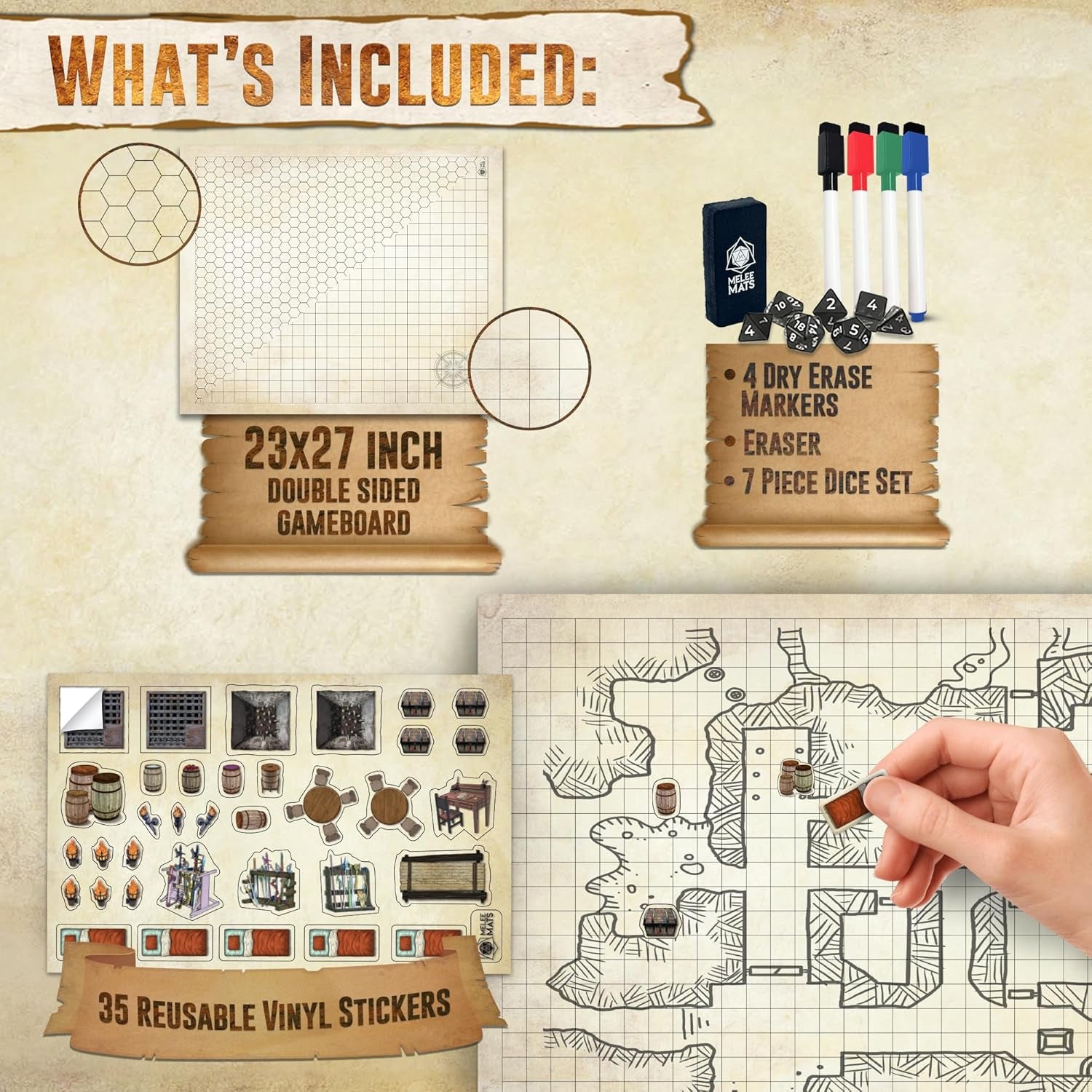 Ultimate DND Map Starter Set - 23” X 27" Double-Sided Battle Terrain Grid for Epic Tabletop Adventures - Wet & Dry Erase with Essential Accessories