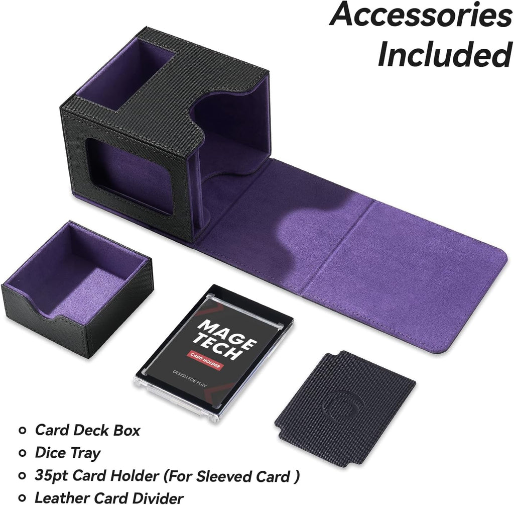 Card Deck Box for MTG Commander - Patented Design, Commander Display, Fits 100 Double-Sleeved Cards, 35Pt Card Brick & Dice Tray - Black/Purple