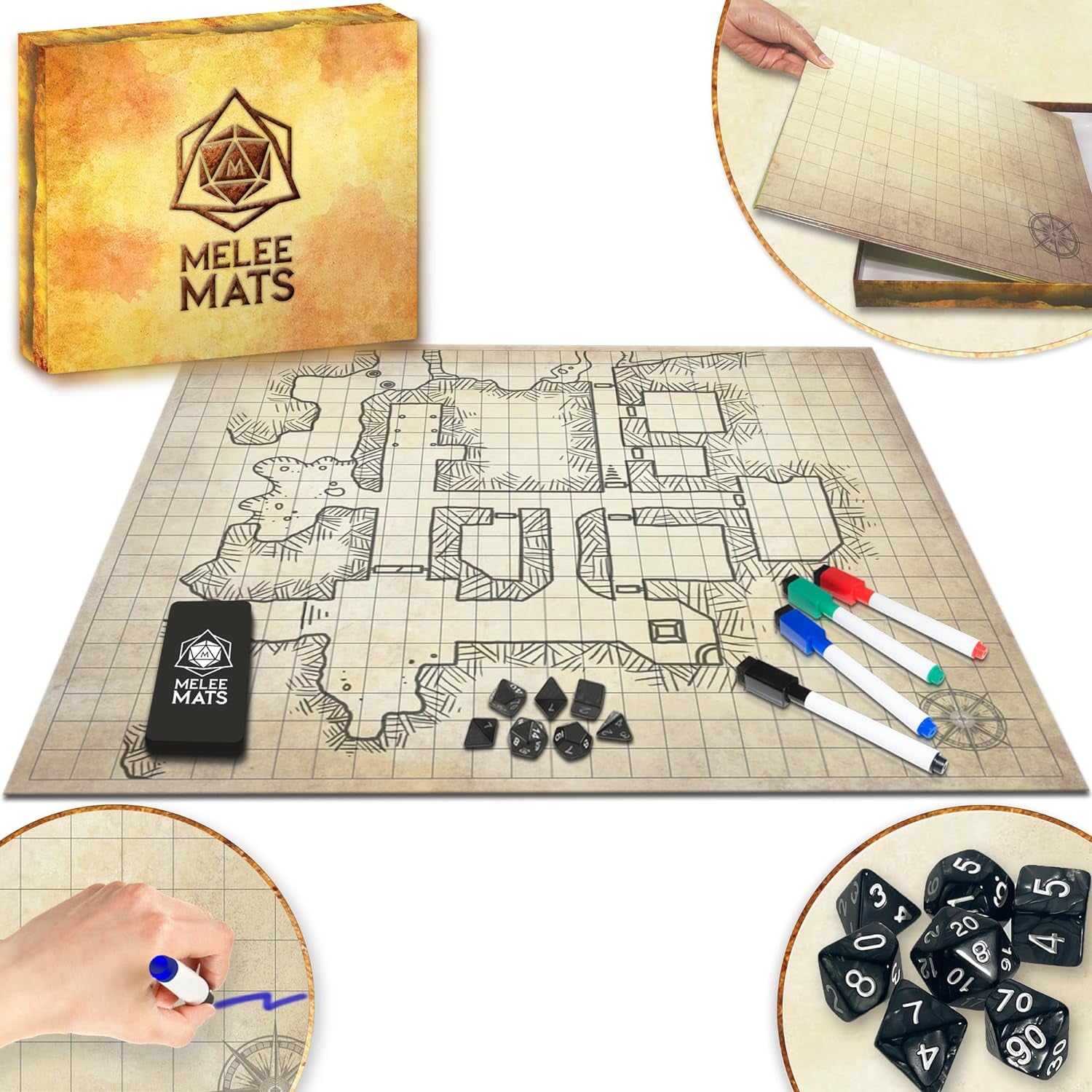 Ultimate DND Map Starter Set - 23” X 27" Double-Sided Battle Terrain Grid for Epic Tabletop Adventures - Wet & Dry Erase with Essential Accessories