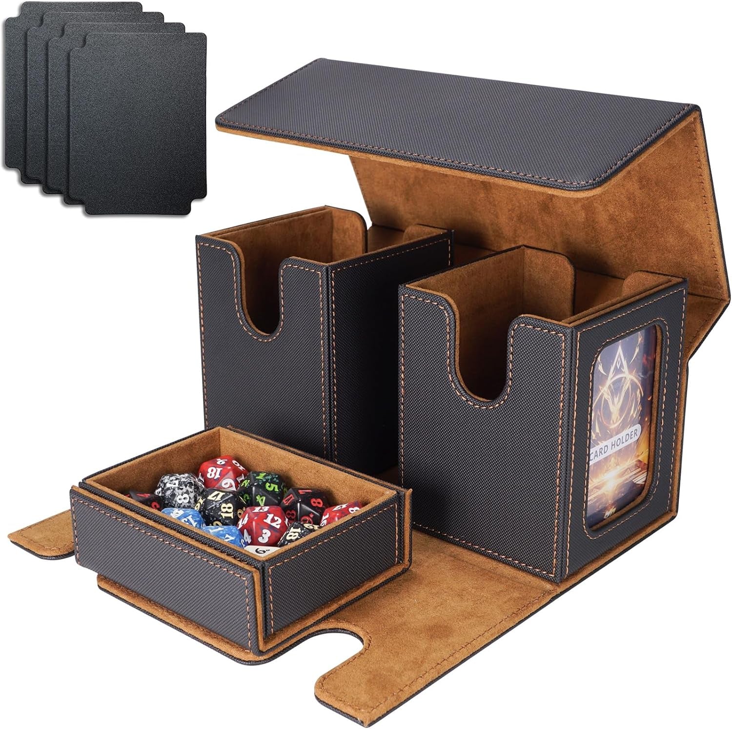 MTG Commander Deck Box 200 Double Sleeved Cards Storage, 3-In-1 Magnetic Card Case Organizer for Magic: the Gathering TCG CCG, 4 Dividers & 2 Toploaders (Black/Gold)