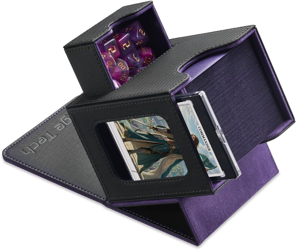 Card Deck Box for MTG Commander - Patented Design, Commander Display, Fits 100 Double-Sleeved Cards, 35Pt Card Brick & Dice Tray - Black/Purple
